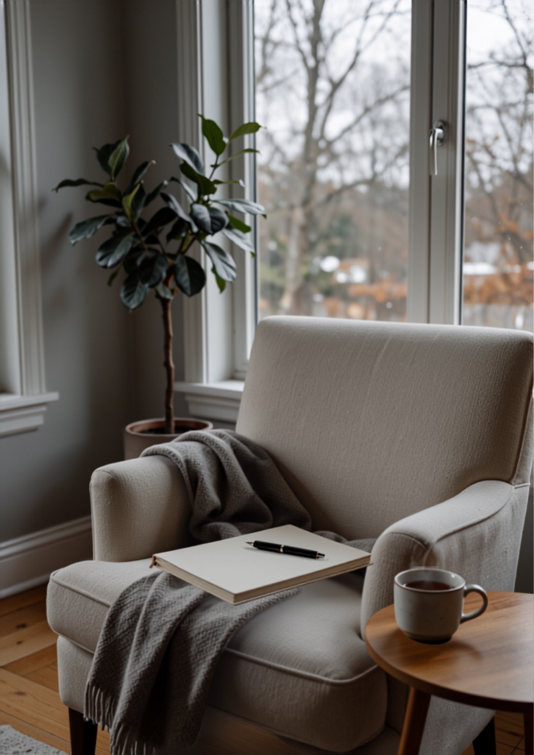 A quiet chair with a workbook, pen and tea